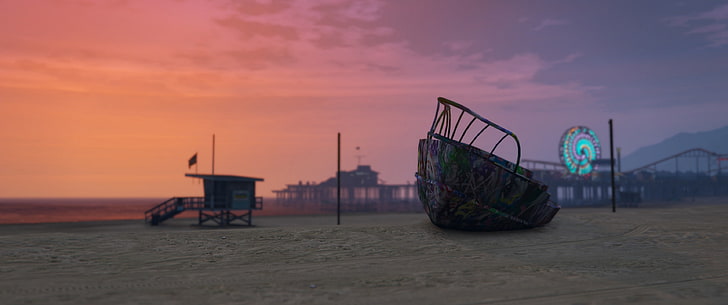 brown shipwreck wallpaper, Grand Theft Auto V, video games, sunset