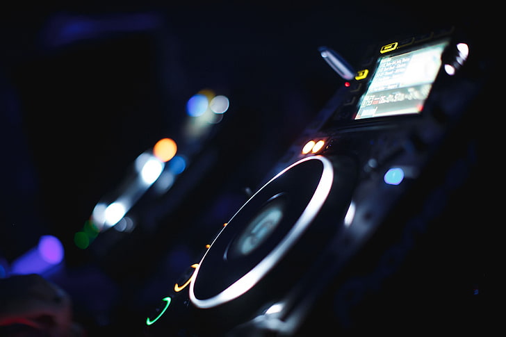 mixing consoles, turntables, technology, close-up, night, selective focus