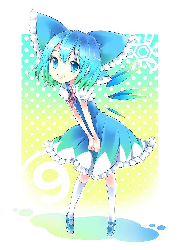 blue haired animated character, Touhou, Cirno, blue eyes, short hair, HD wallpaper