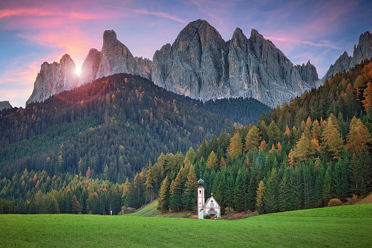 white concrete house, forest, mountains, Italy, Church, temple