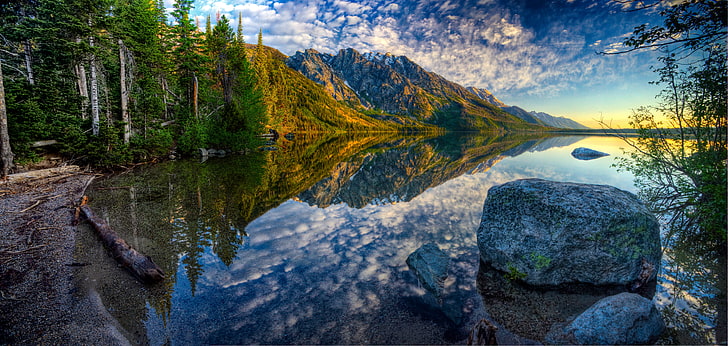 body of water, autumn, forest, the sky, mountains, lake, stone