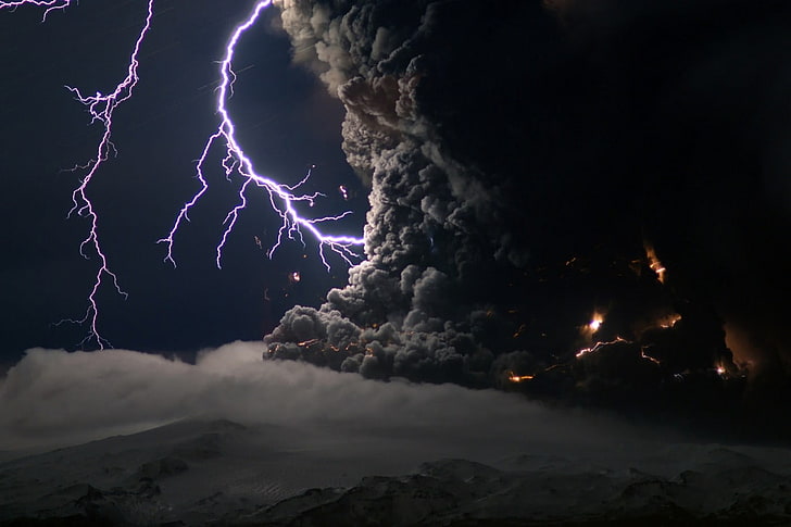 nature, landscape, volcano, eruptions, Chile, lightning, mountains