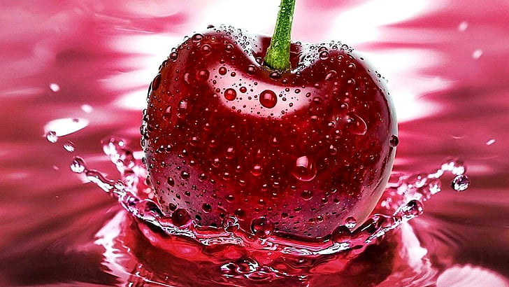 fresh, cherry, splash, water, water drops, droplets, fruit, HD wallpaper
