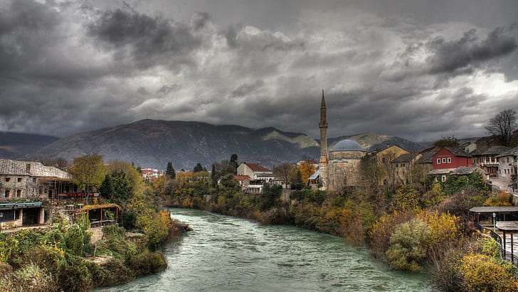 River Through A Muslim Town, mountains, mosque, nature and landscapes, HD wallpaper