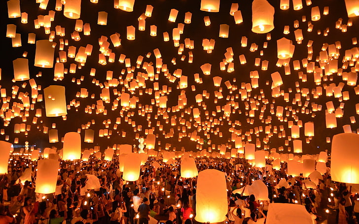 white sky lanterns, Thailand, Festival, Floating, crowd, illuminated