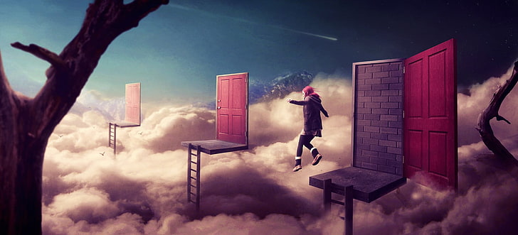 woman jumping on skies with three close wooden doors wallpaper, HD wallpaper