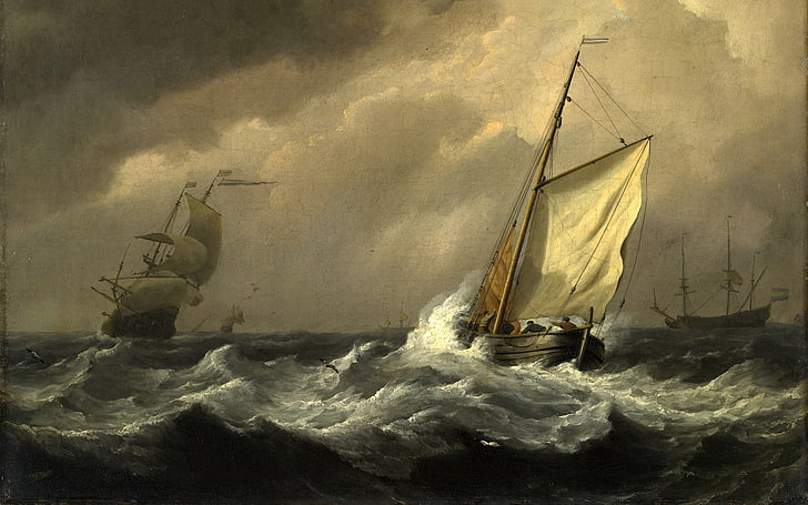 white and brown sailboat, sea, wave, storm, ships, picture, painting