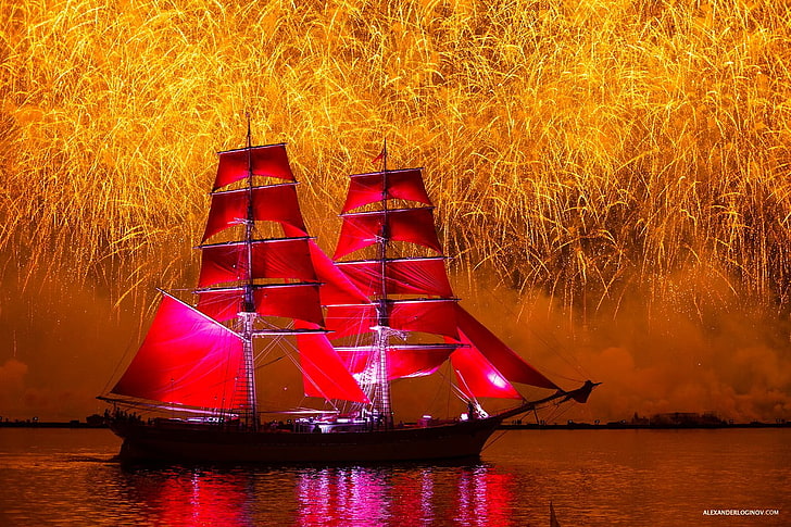 red clipper boat, sailing ship, fireworks, vehicle, nautical vessel, HD wallpaper