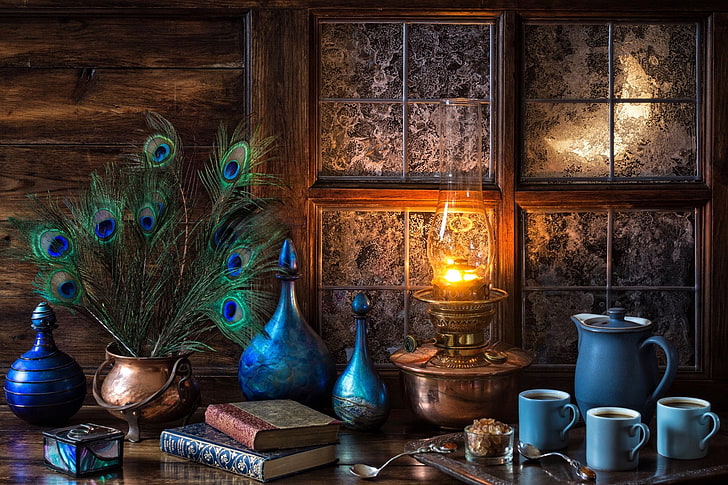 Photography, Still Life, Blue, Book, Feather, Lamp, Peacock
