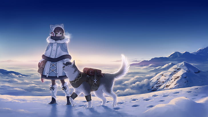 sky, dog, snow, landscape, boots, animal ears, scarf, snowy peak