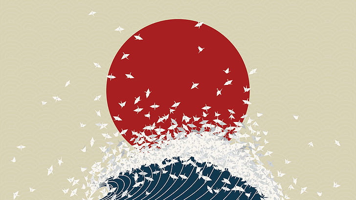 Japan flag art, red sun and blue wave painting, vector, 2560x1440