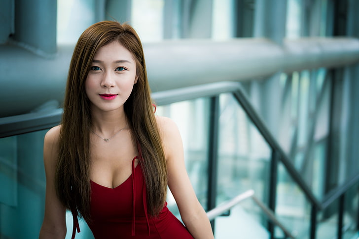 Asian, women, brunette, long hair, cleavage, looking at camera
