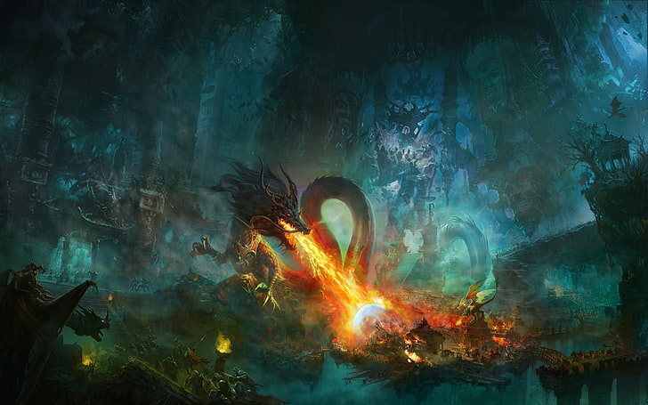 dragon breathing fire digital painting, fantasy art, nature, no people, HD wallpaper