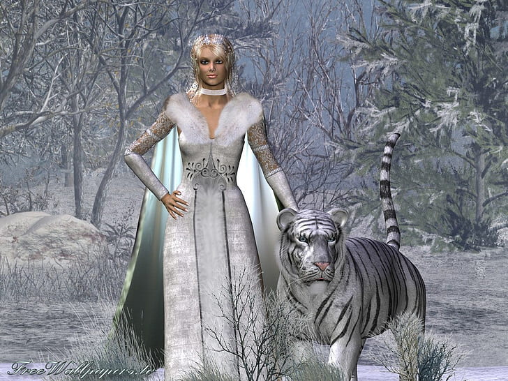 3d and cg architectur Snow Princess with white tigers / Schneeprinzessin mit weißem Tiger Abstract Fantasy HD Art, HD wallpaper
