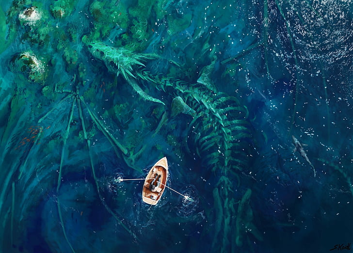 Fantasy, Dragon, Boat, water, swimming, sea, nature, high angle view, HD wallpaper