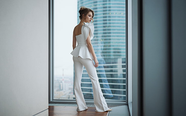women, window, model, Sergey Zhirnov, standing, full length, HD wallpaper