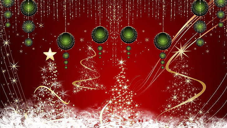 Vintage Christmas Deluxe, decorations, ribbon, stars, green balls, HD wallpaper