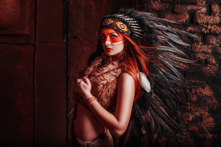 face paint, Native American clothing, feathers, redhead, women