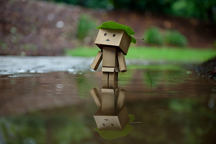 box man, water, sheet, reflection, rain, Danbo, amazon, boxes, HD wallpaper