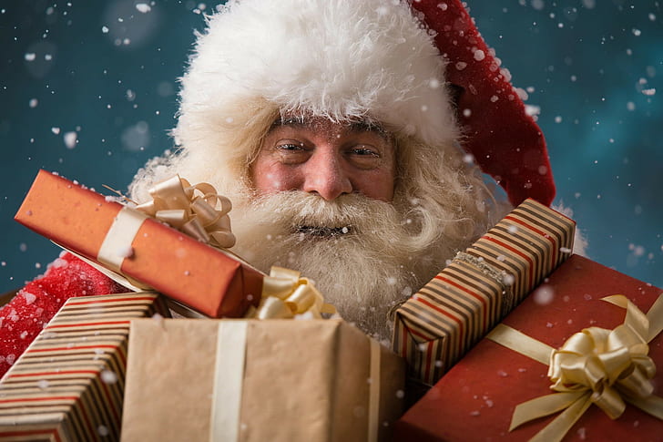 Father Christmas, santa claus and gift boxes, fur, beard, gifts, HD wallpaper