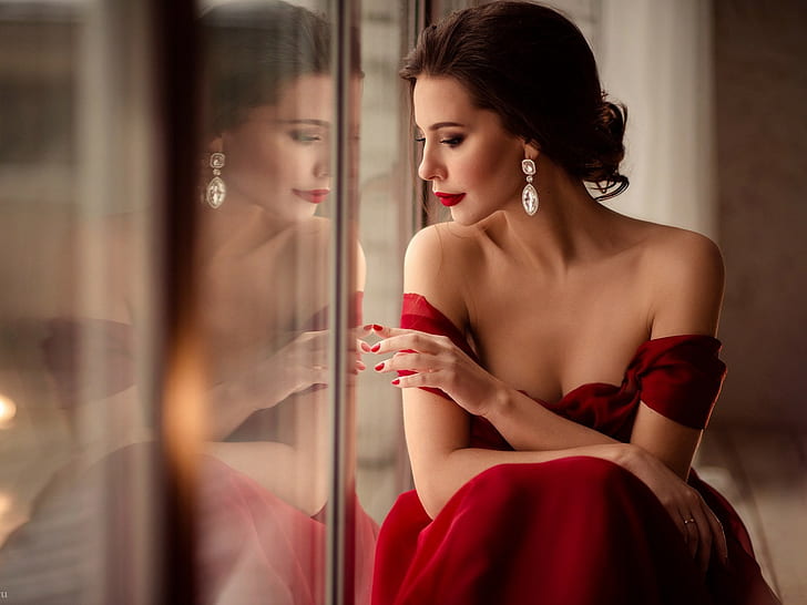 women, brunette, red dress, model, window, reflection, neckline