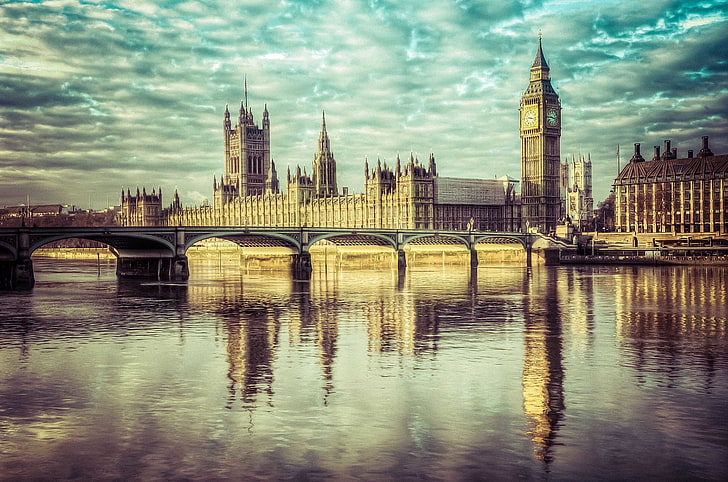 Westminster Palace painting, the sky, clouds, reflection, England, HD wallpaper