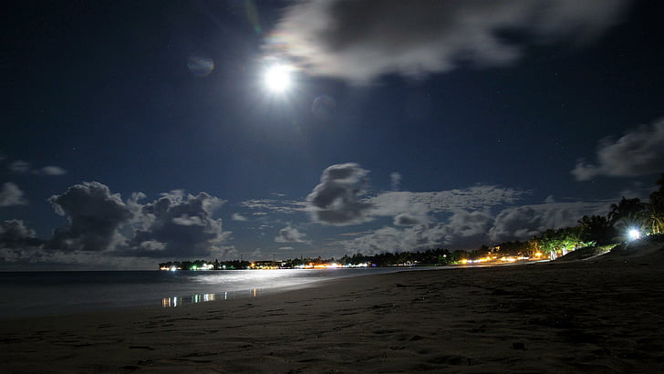 dominican republic, beach, full moon, night lights, shore, amazing, HD wallpaper
