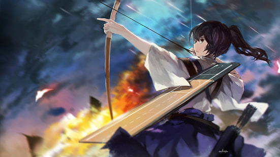 HD wallpaper: bow, archer, ponytail, bow and arrow, anime girls, Kaga ...