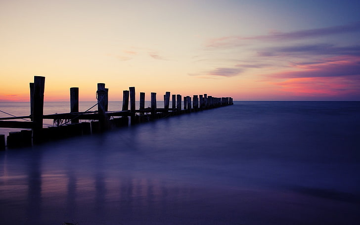 pier, sea, sky, horizon, water, sunset, scenics - nature, tranquil scene, HD wallpaper