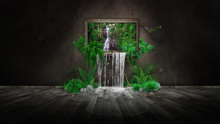 green-leafed plants wallpaper, digital art, CGI, minimalism, water