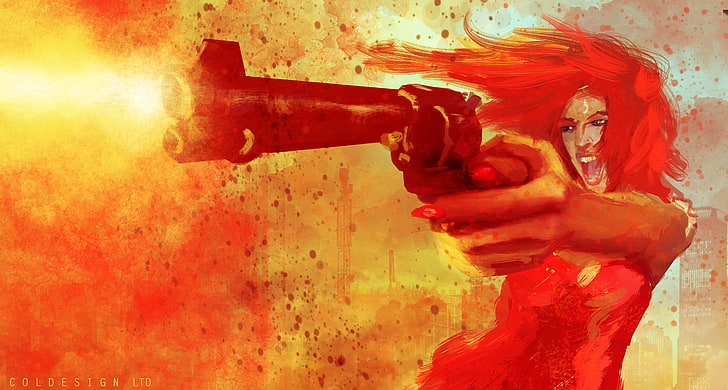 gun, fire, women, redhead, girls with guns, art and craft, creativity, HD wallpaper
