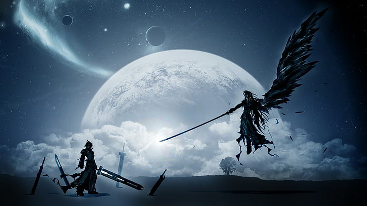 video games, Moon, Sephiroth, Cloud Strife, Final Fantasy, planet, HD wallpaper