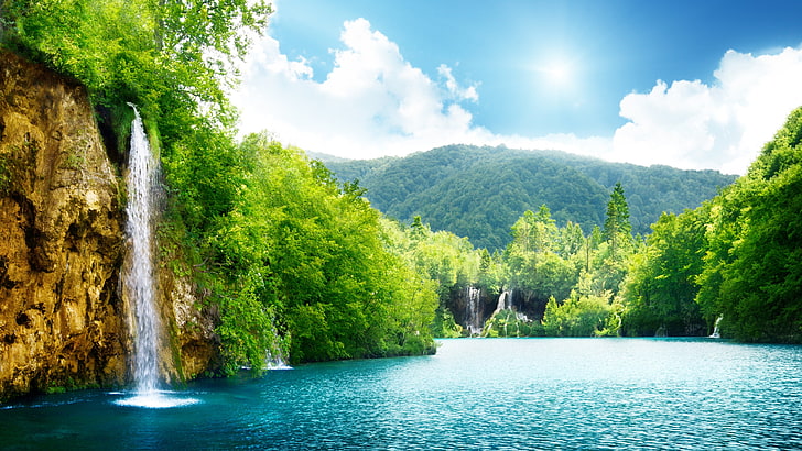 green leafed tree, landscape, lake, waterfall, trees, hill, beauty in nature, HD wallpaper