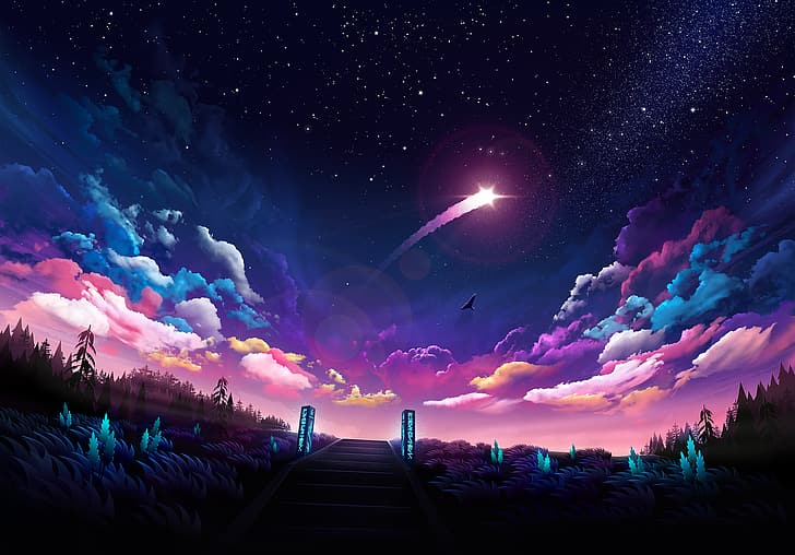 byrotek, colorful, comet, sky, space, stars, clouds, digital art, HD wallpaper