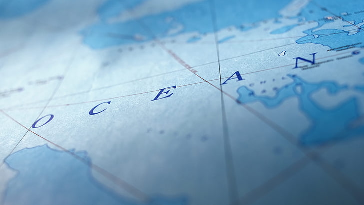 map, sea, continents, lines, depth of field, text, blue, typography