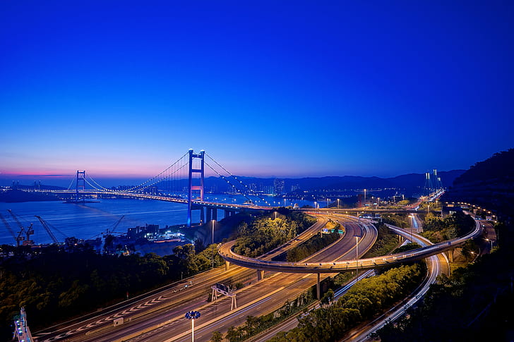 suspension bridge, tsing yi, tsing yi, HongKong, NIGHT, CLEAR, HD wallpaper
