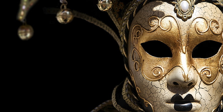 gold and white mask, venetian masks, bell, black background, human representation, HD wallpaper