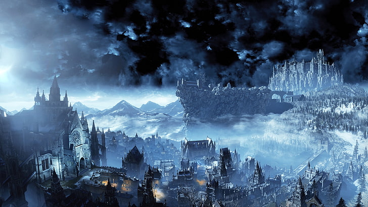 village and castle illustration, Dark Souls III, Irithyll, architecture