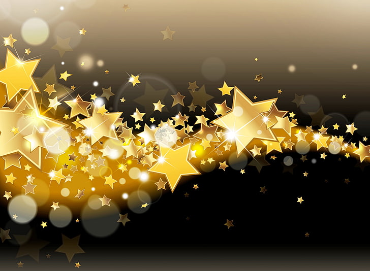 gold stars illustration, lights, background, Shine, golden, glow, HD wallpaper