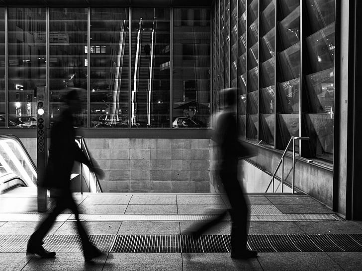 grayscale photo of two human walking near stairs, At Night, Ⅳ, HD wallpaper