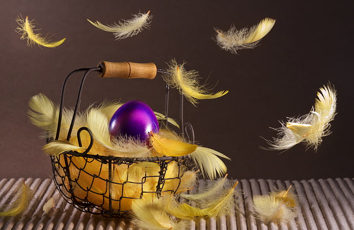HD wallpaper: yellow feather and black metal basket, easter, feathers, egg  | Wallpaper Flare