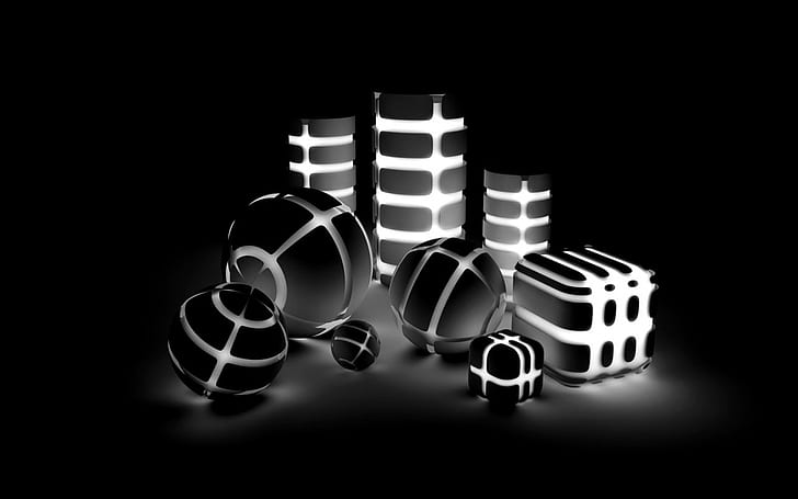 Black Balls Cube Box Abstract HD, black and white cube and cylinders led light, HD wallpaper