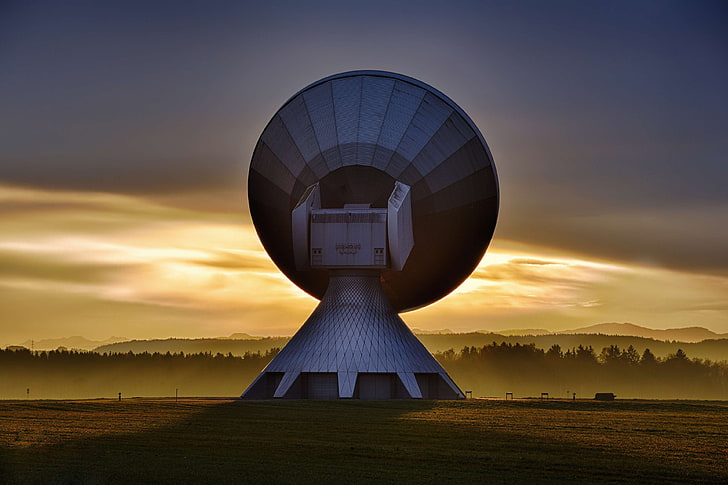 antenna, contact, dawn, dusk, earth, field, hills, information, HD wallpaper