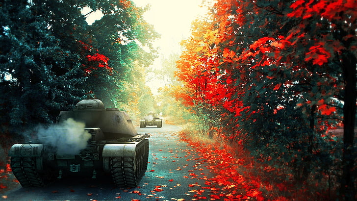 black military tank, road, autumn, forest, art, tanks, WoT, World of Tanks HD wallpaper