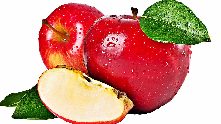 red and white heart shape decor, apples, fruit, water drops, white background