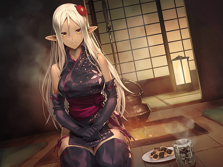 female character kneeling digital wallpaper, kimono, pointed ears