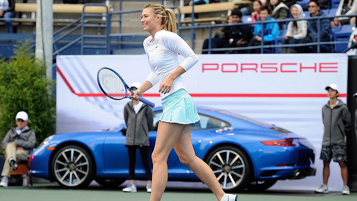 men's gray polo shirt, Maria Sharapova, tennis, adult, car, standing