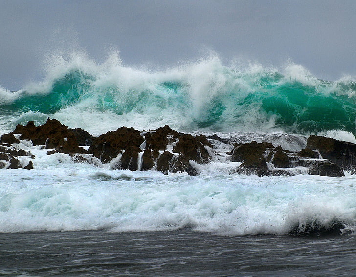 water waves, rocks, storm, sea, sea foam, motion, power in nature, HD wallpaper