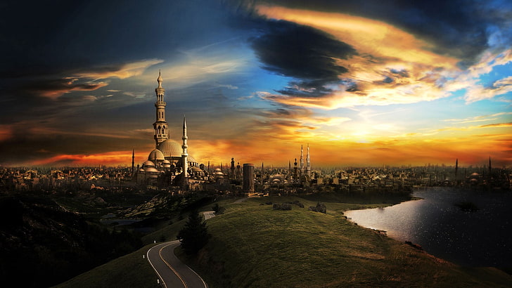 city buildings and body of water, fantasy art, mosque, landscape, HD wallpaper