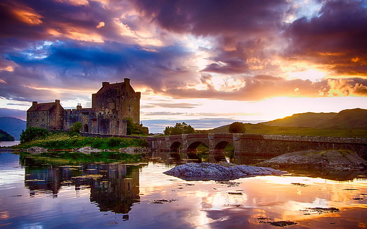 Eilean Donan Castle, sunset picture, scotland, HD wallpaper